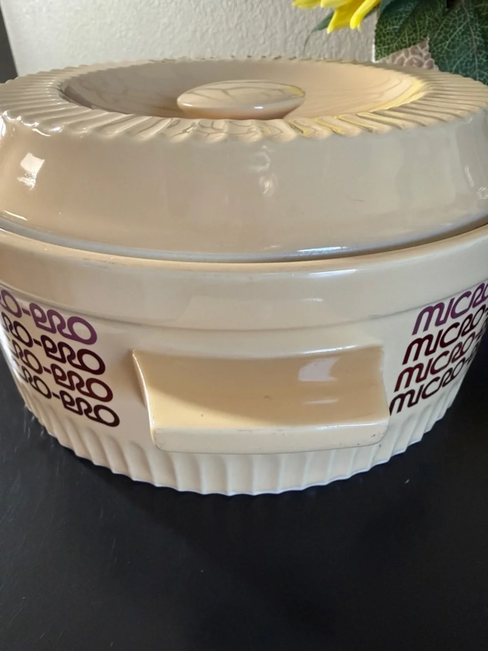 Vintage 1980’s Ceramic Covered Casserole - Cream with Purple Accent